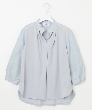 J.PRESS LADIES L コンビジャージー フリルネック カットソー サックスブルー系