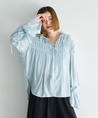 YECCA VECCA シャーリングギャザーリボンブラウス Sax