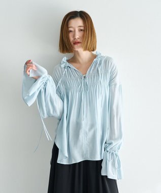 YECCA VECCA シャーリングギャザーリボンブラウス Sax