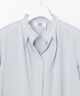 J.PRESS LADIES L コンビジャージー フリルネック カットソー サックスブルー系