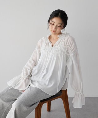YECCA VECCA シャーリングギャザーリボンブラウス Off White
