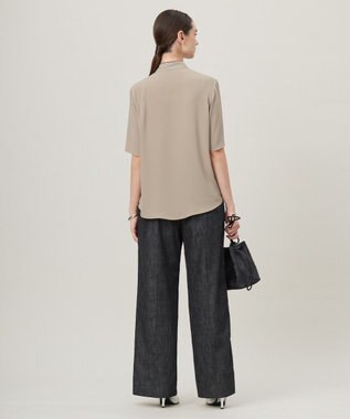 ICB L 【人気のため新色追加・接触冷感・UVケア・洗える】BackSatinAmunzen 5分袖配色ボウタイブラウス クリームブラウン系