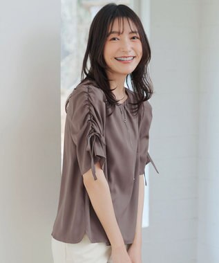 Tiaclasse 【洗える】ボリュームスリーブリボンブラウス モカ