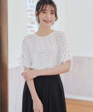 Tiaclasse 【洗える】ボリュームスリーブリボンブラウス オフドット