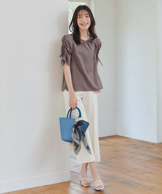 Tiaclasse 【洗える】ボリュームスリーブリボンブラウス モカ