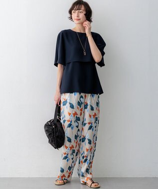 23区 【吸水速乾/UVカット/接触冷感】ストレッチジョーゼット  ケープデザイン カットソー ネイビー系