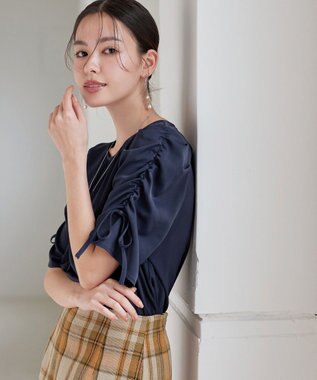 Tiaclasse 【洗える】ボリュームスリーブリボンブラウス ネイビー