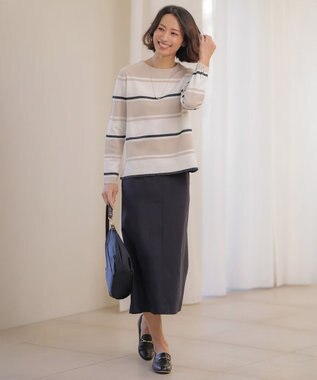 J.PRESS LADIES Cotton Acetate ブロッキング ボーダー ニット ベージュ×ネイビー系