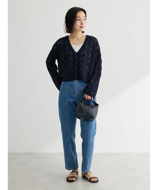 Green Parks 格子柄編みニットカーディガン Navy