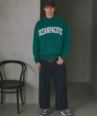 OP／FILA 【ocean pacific】サガラ刺しゅうロゴクルーニット/メンズ ダークブルー