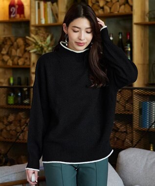 Tiaclasse 【洗える】かのこ編み配色ラインニットプルオーバー ブラック