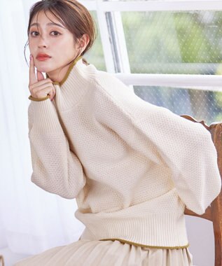 Tiaclasse 【洗える】かのこ編み配色ラインニットプルオーバー オフホワイト