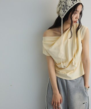 Green Parks ドレープオフショルフレンチ袖Ｔシャツ Lemon Yellow