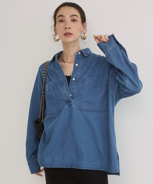 WEGO 【ANGIE VINTAGE】襟が選べる デニム プルオーバー シャツ（バンドカラー/レギュラー） ブルーその他