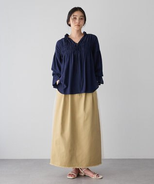 YECCA VECCA シャーリングギャザーリボンブラウス Navy