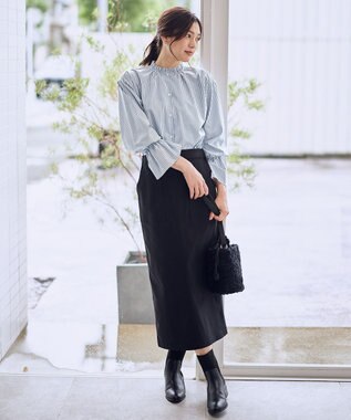 ANY L エニィファンクションハイネックブラウス ブルーストライプ