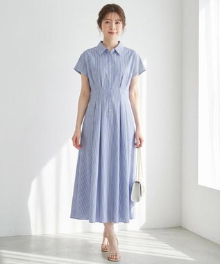 【洗える】パールボタンストライプ シャツワンピース