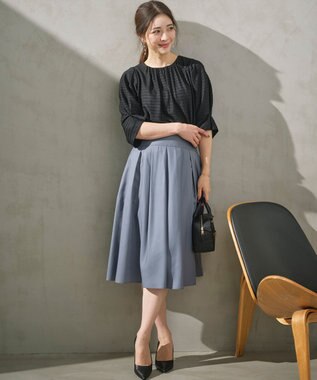 組曲 L 【WEB限定】ボーダージャガード タック袖ブラウス ブラック系