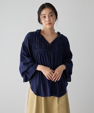 YECCA VECCA シャーリングギャザーリボンブラウス Navy