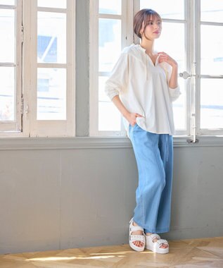 Feroux ベルト付き テンセルデニム ワイドパンツ スカイブルー系