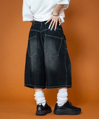 WEGO 【ユニセックス着用ITEM】ダブルニーロゴデニムショーツ デニムブラック