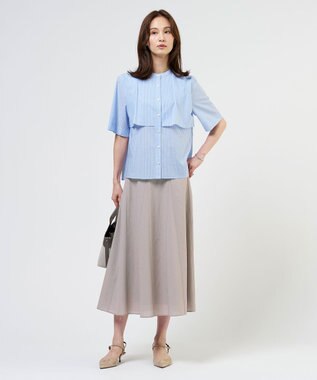 J.PRESS LADIES 【一枚で着映え】シルフィーローン ストライプ バンドカラー ブラウス サックス系