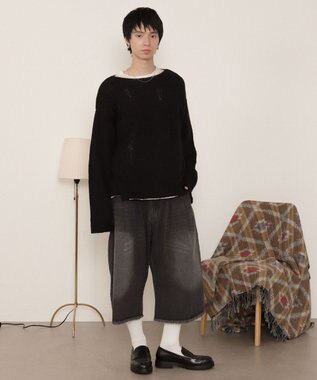 WEGO ダブルガーゼダメージプルオーバー ブラック