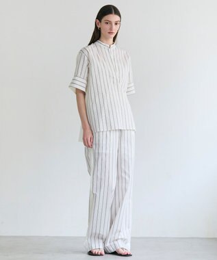 BEIGE， QUARTZ / 異素材コンビ ストライプシャツ Ecru St.