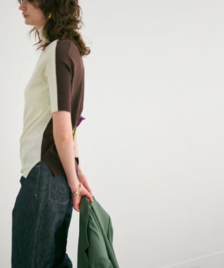 BEIGE， 【洗える】JULIE / シルク混カラーブロックタートルニット Sage×Brown