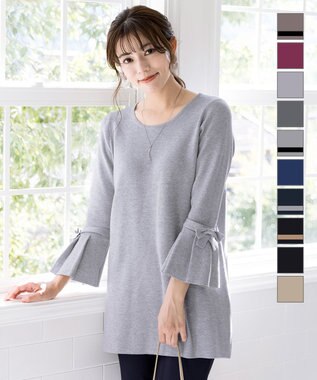 Tiaclasse L 【洗える】ミラノリブ編みのフレア袖ニットチュニック ライトグレー