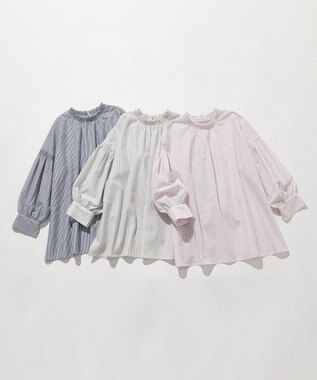 ANY SIS 【洗える】シャーリングフリルスタンド ブラウス ブルーストライプ