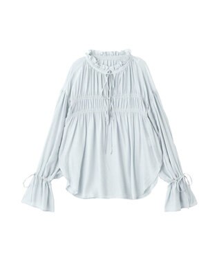 YECCA VECCA シャーリングギャザーリボンブラウス Sax