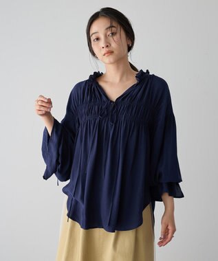 YECCA VECCA シャーリングギャザーリボンブラウス Navy