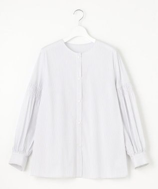 自由区 L 【洗える】シャーリング ブラウス グレーストライプ