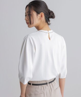 組曲 【WEB限定】クリアストレッチビジューレーン6分袖 ニット ホワイト系