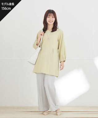 Tiaclasse L リボン付きタックフレアチュニック ミント