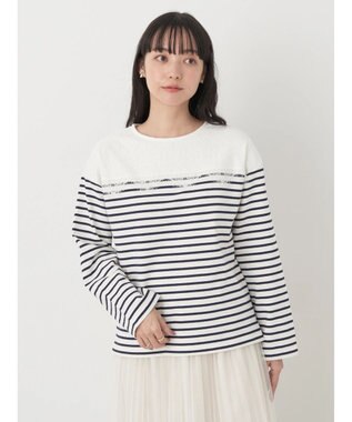 earth music&ecology レースボーダーカットソープルオーバー Navy