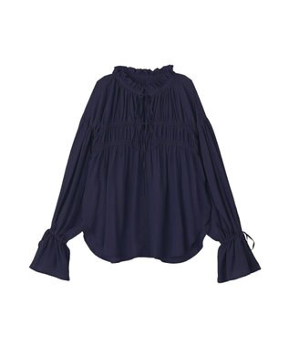 YECCA VECCA シャーリングギャザーリボンブラウス Navy