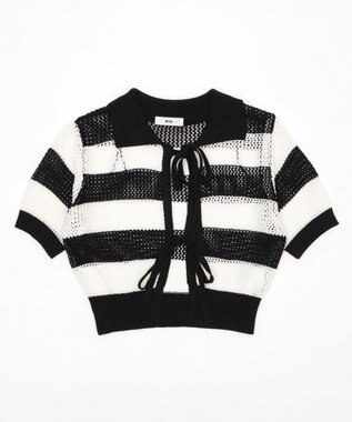 WEGO 襟付きリボンメッシュショートカーデ 柄1