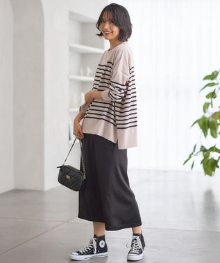 23区 L 【洗える】プレミアムビオコットン ビッグシルエット ニット ベージュxブラックボーダー