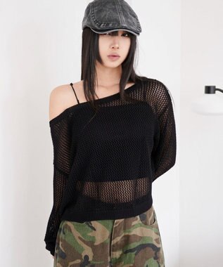 WEGO 2WAYオフショルメッシュニット ブラック