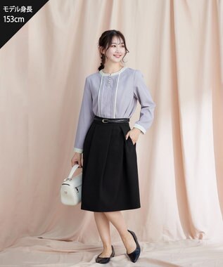 Tiaclasse L 【洗える】ピンタック配色ブラウス サックス×アイボリー