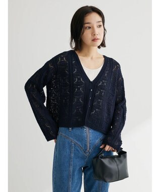 Green Parks 格子柄編みニットカーディガン Navy