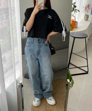 WEGO 2ラインリボングラフィックショートT ブラック