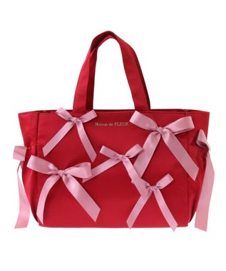 Maison de FLEUR サイドポケットリボンサテントートバッグ Red