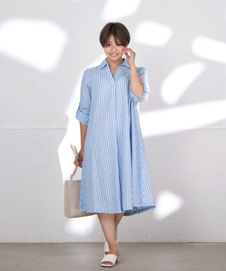 Tiaclasse 【洗える】 麻調Aラインシャツワンピース サックスストライプ