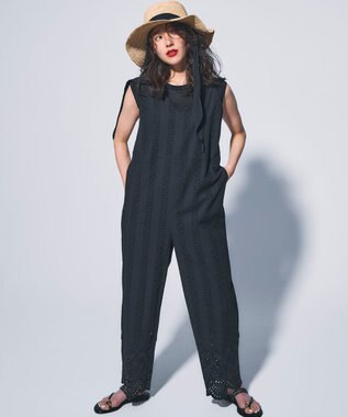 23区 【洗える】コットンエンブロイダリー オールインワン ブラック系