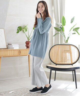 Tiaclasse ストライプストレッチワイドパンツ ブラックストライプ