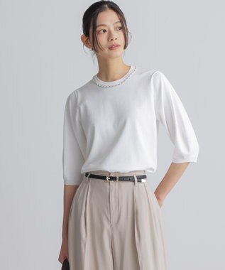 組曲 L 【WEB限定】クリアストレッチビジューレーン6分袖 ニット