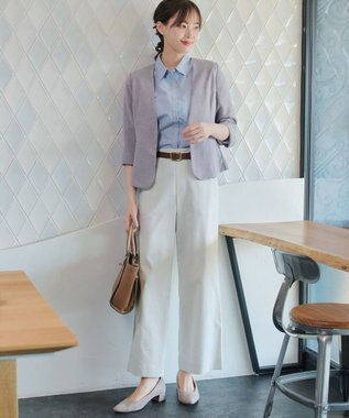 Tiaclasse ストライプストレッチワイドパンツ ベージュストライプ